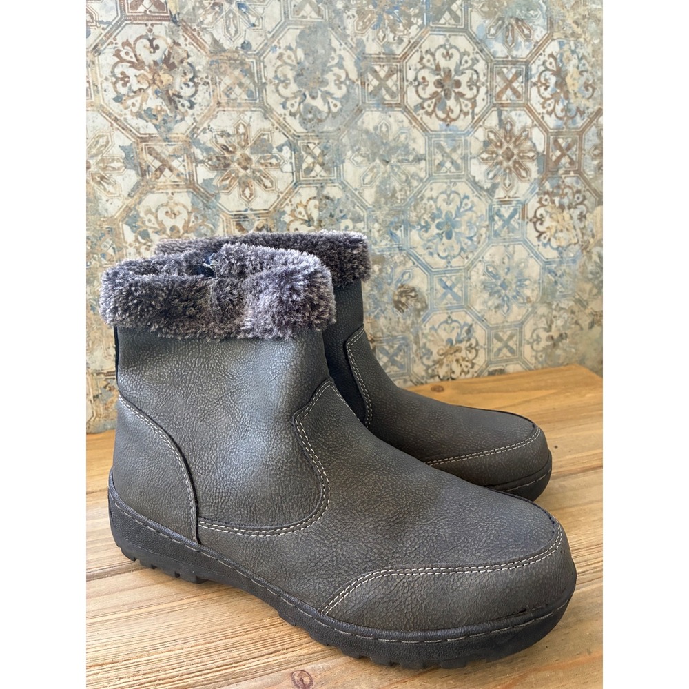 Khombu Womens Gray Faux Fur Trim Ankle Boots Side Zip Winter Shoes Size 9